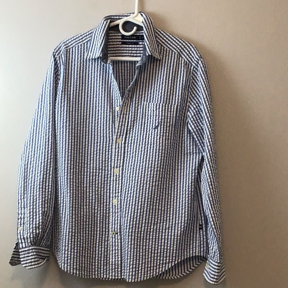 Nautica Blue and White Seersucker Button Down Shirt